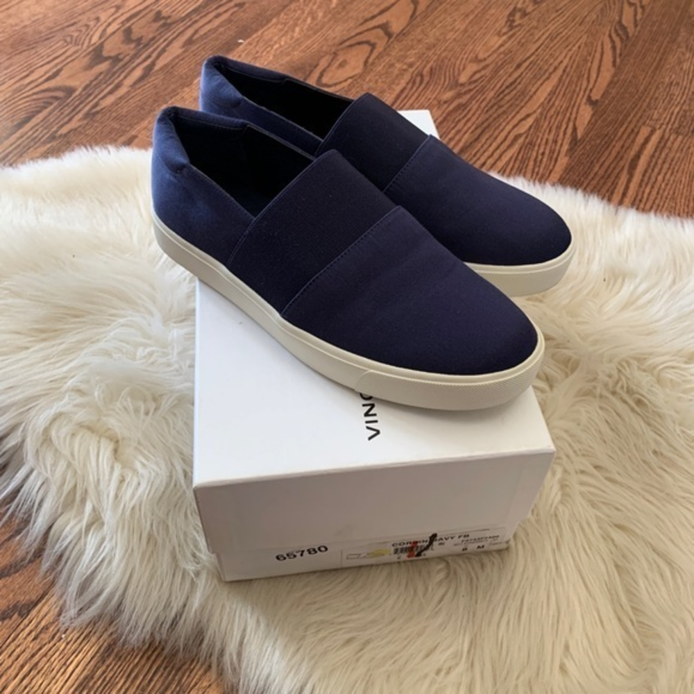 Vince Corbin Navy satin slip on sneakers size 8